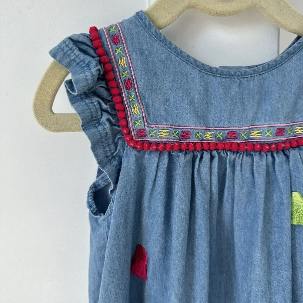Le Top girl Chambray Pom Pom trim and tassel‎ Dress Size 3T Blue